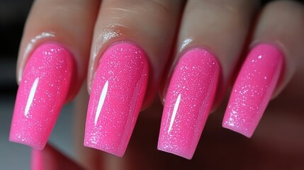 Pink glitter nails with long, sculpted shapes
