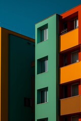 Obraz premium Colorful Modern Architectural Facade: Captivating a vibrant facade with geometric shapes and vivid colors creating a bold and contemporary visual experience.