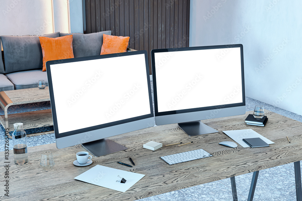 Poster Dual desktop computer screens with blank mockups on a wooden desk in a modern office workspace. 3D Rendering