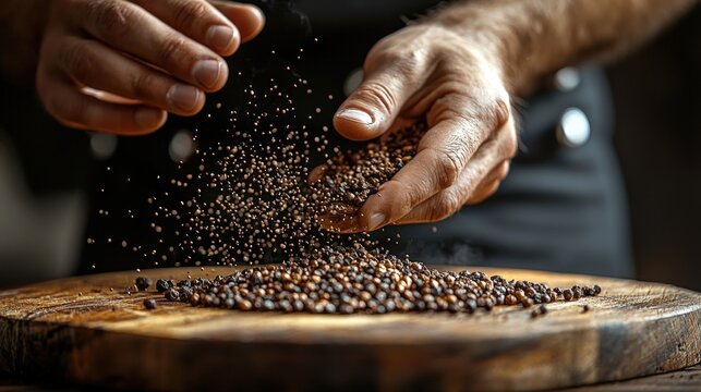 Chef releases cumin seeds onto a rustic wooden board for meal preparation