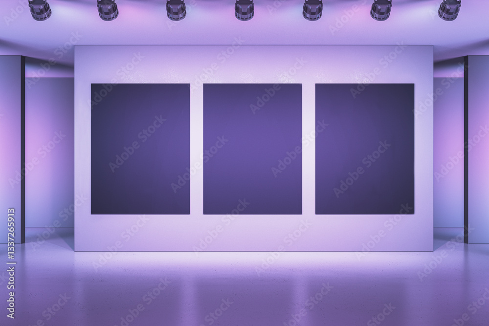 Poster modern exhibition gallery with three blank dark frames on a white wall under spotlights. 3d renderin