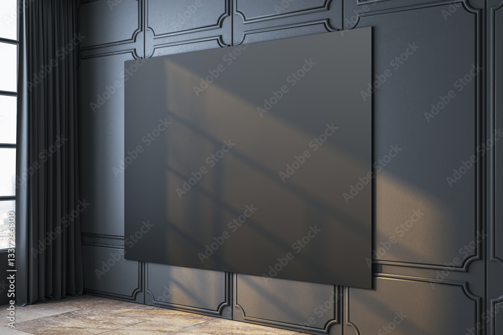 Poster blank black canvas on dark wall with sunlight shadows in elegant interior. 3d rendering