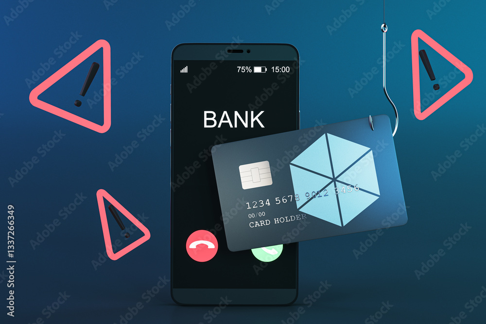Aufkleber phishing attack concept with smartphone and credit card on hook. 3d rendering