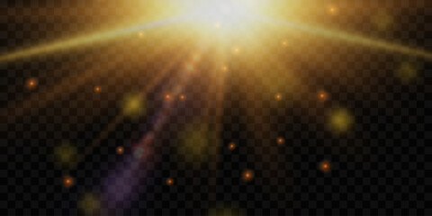 Naklejka premium Golden stars with gold dust and glitter. Yellow glowing light explodes on transparent background. Vector.