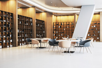 Modern library cafe interior with wooden bookshelves and stylish furniture. 3D Rendering