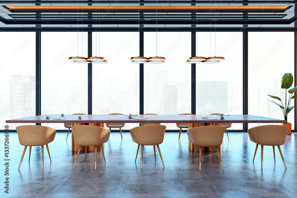 Poster modern conference room with large wooden table and stylish chairs. 3d rendering