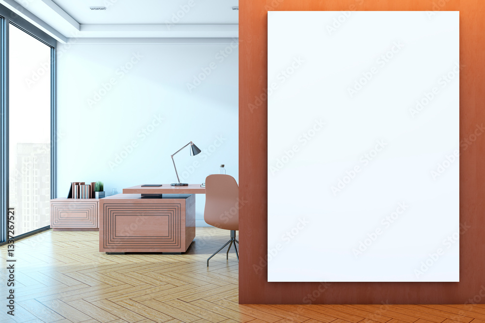 Aufkleber Modern executive office with wooden desk and large vertical blank canvas on wooden wall. Floor-to-ceiling window with city view in background. 3D Rendering