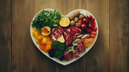 Healthy lifestyle concept featuring a heart-shaped plate filled with nutritious foods and fitness gear on a wooden background. Perfect for promoting wellness, balanced diet, and exercise routines.