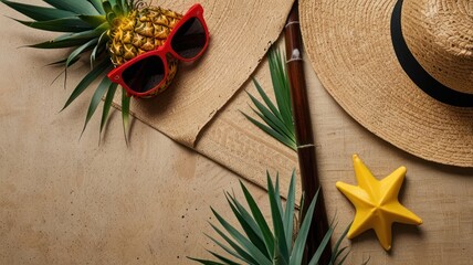 Straw hat, bamboo bag, pineapple in sunglasses and starfish, top view