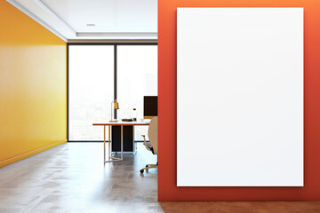 Modern office with blank vertical poster on orange wall. 3D Rendering