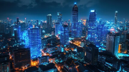 Obraz premium Night cityscape aerial view of illuminated skyscrapers. Possible use Stock photo