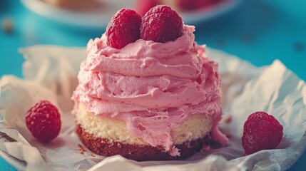 A pink cake is set against a textured background of wrinkled paper, offering an intimate view