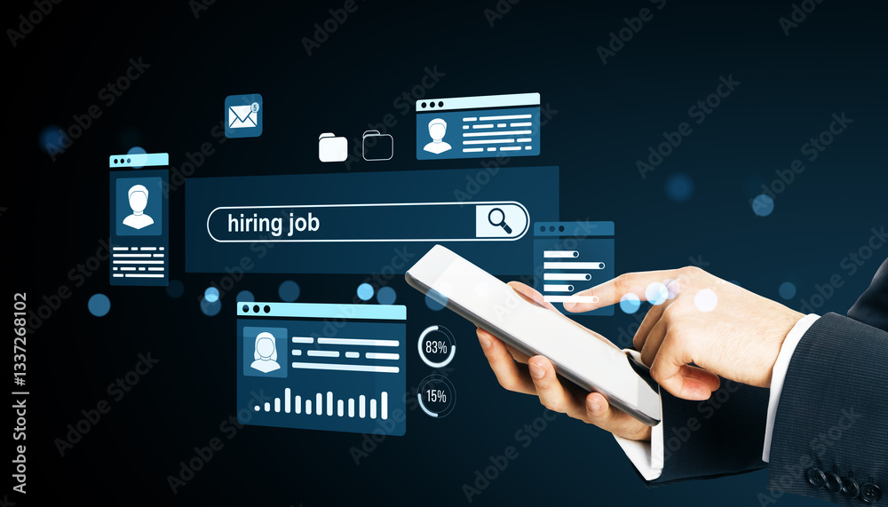Poster digital job search interface with hiring job bar on smartphone screen.