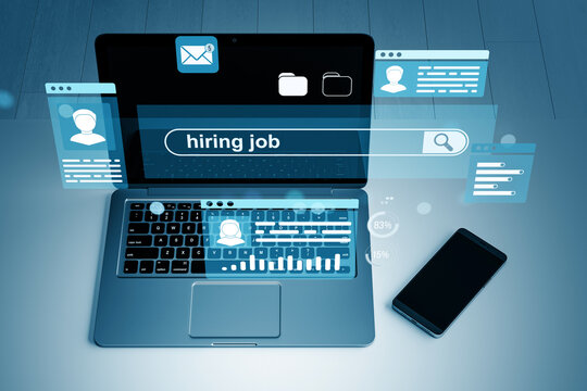 Digital hiring job search interface on laptop with virtual recruitment elements. 3D Rendering