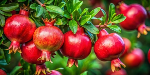 Obraz premium Ripe Pomegranate Branches: Juicy Red Seeds & Green Leaves, Close-up Stock Photo