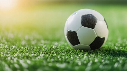 Fototapeta premium Close-up of a soccer ball resting on lush green grass, perfect for sports themes, highlighting outdoor play and teamwork.