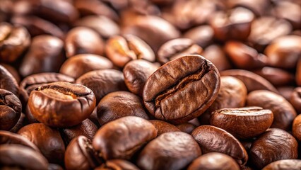 Fototapeta premium Roasted Coffee Beans Macro Photography, Isolated Grains, Tilt-Shift Effect, Copy Space