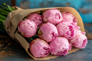 Lush pink peonies make for a breathtaking floral arrangement, ideal for any event, as they exude refinement and allure, beautifully presented in rustic paper and tied with a ribbon
