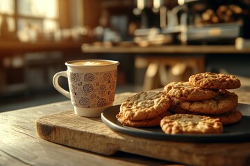 On a small table bathed in sunlight, two latte art drinks and cookies were arranged