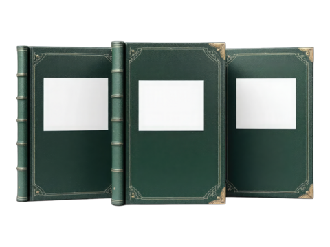 Three Dark Green Leather mockup book with cover color isolated on white background, front view. With empty label and metal fittings
