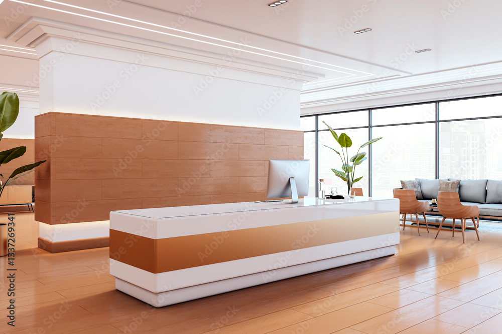 Poster modern reception desk in a spacious office lobby with wooden accents and large glass windows overloo