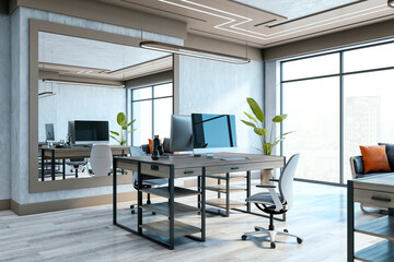 Modern executive office with sleek furniture and large windows. 3D Rendering
