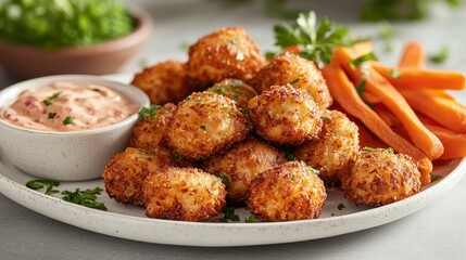 Fototapeta premium Crispy baked chickpea nuggets served with vegan ranch dip and carrot sticks