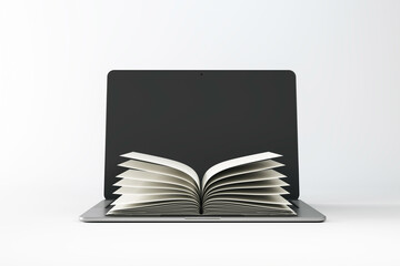 Open book emerging from a laptop screen on a light gradient background. Concept of online education, digital learning, and modern knowledge access. 3D Rendering