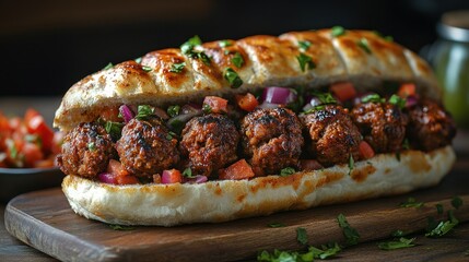 Hearty, flavorful sandwich filled with grilled meatballs, fresh vegetables, and a vibrant sauce
