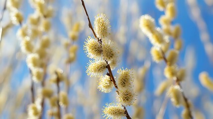 Naklejka premium Blooming Willow Tree Flowers – Delicate Bundles of Spring Blossoms on Branches