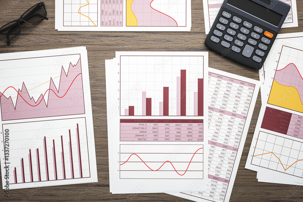 Poster Financial charts and graphs on paper with calculator on wooden desk. 3D Rendering