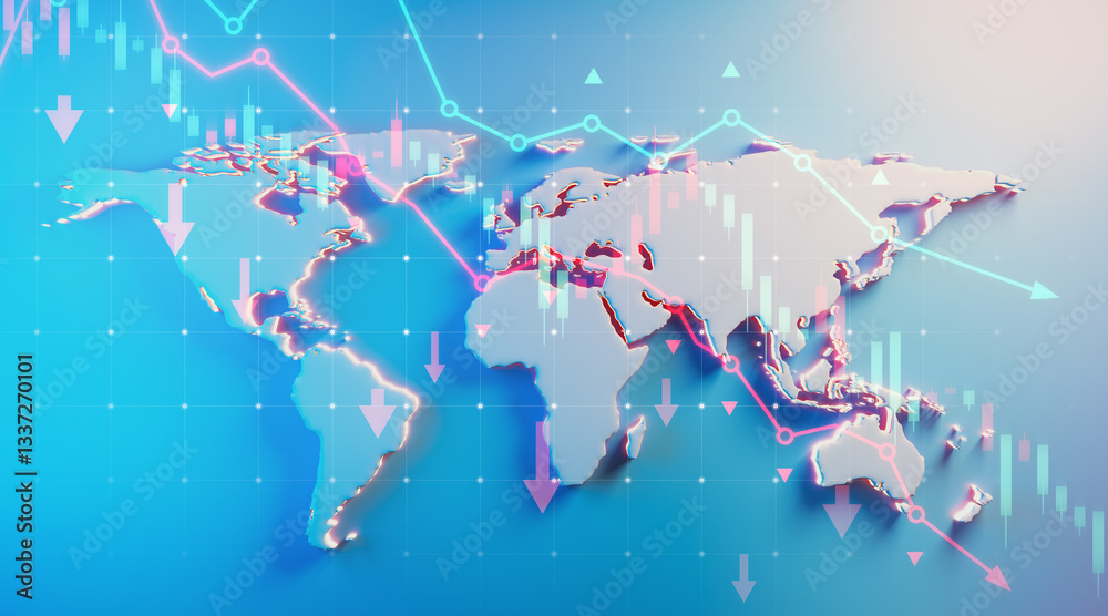 Poster global financial crisis concept with world map and falling stock market chart. 3d rendering