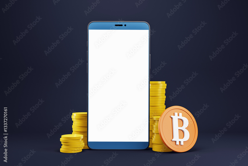 Poster cryptocurrency mobile payment concept with smartphone and bitcoin coins. 3d rendering