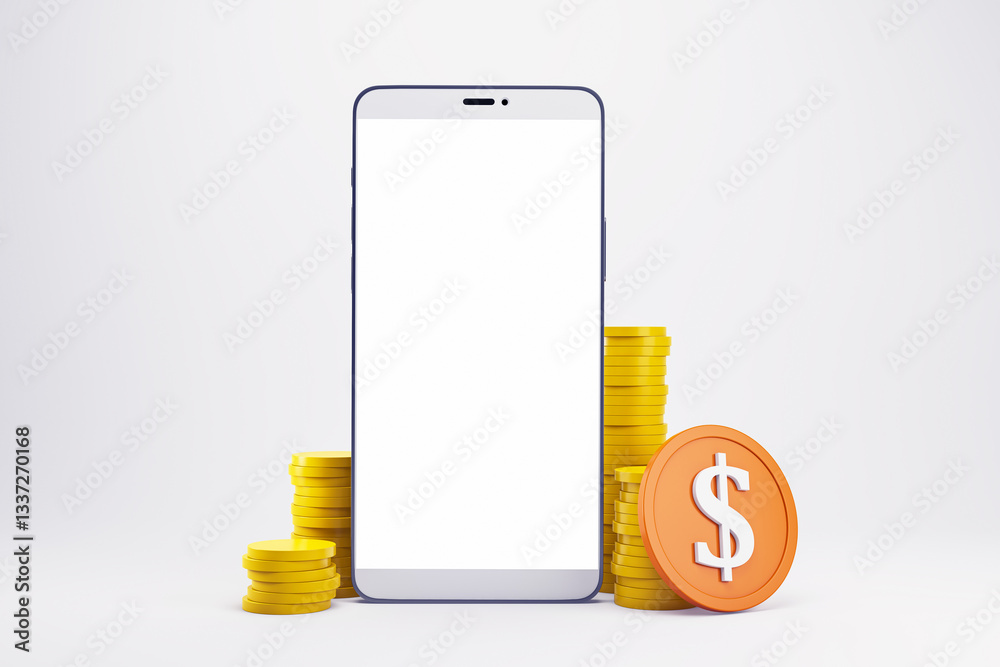 Poster Smartphone mockup with blank screen surrounded by stacks of gold coins and dollar symbol on light background. Concept of digital finance. 3D Rendering