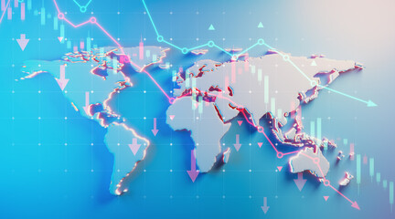 Global financial crisis concept with world map and falling stock market chart. 3D Rendering