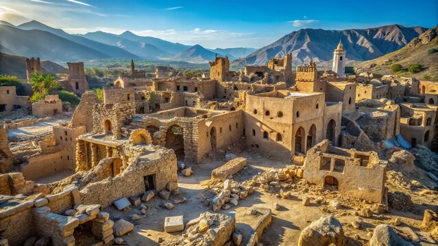 Ruined Tanuf Town, Oman:  A Historical Photo of British Air Raid Damage, 1950s Civil War