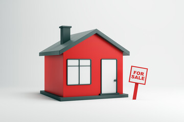 Real estate concept with red house and "For Sale" sign. 3D Rendering