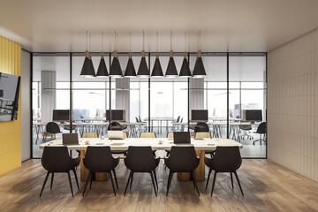 Modern conference room with glass partitions and city view. 3D Rendering