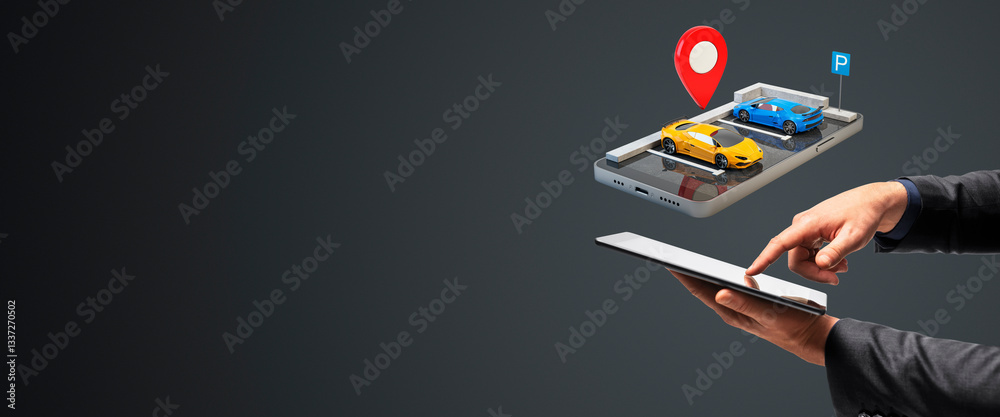 Poster Carsharing application interface displaying rental vehicles on a mobile screen.