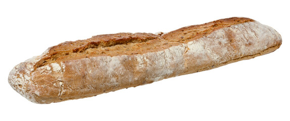 A freshly baked whole grain baguette with a crispy crust and a rustic flour-dusted surface,...
