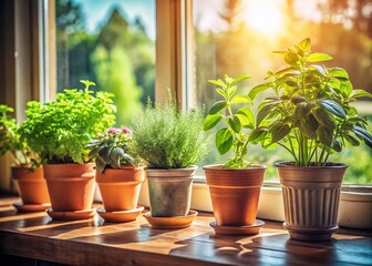 Rustic Kitchen Herb Garden: Fresh Basil, Rosemary, and Thyme Plants in Vintage Pots