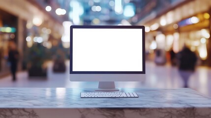 Empty computer monitor on marble counter in shopping mall. Possible use for advertising/promotional displays