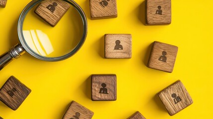 Magnifying glass on wooden cubes with people icons representing human resources and recruitment on a vibrant yellow background
