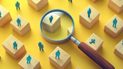 Magnifying glass on wooden cubes with people icons representing human resources and recruitment on a vibrant yellow background