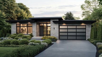 A sleek modern bungalow with a stone exterior and black steel windows