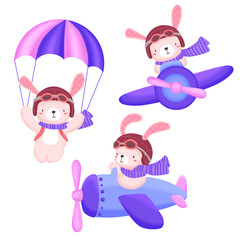 Adorable bunny with his the plane clipart. bunny doing travel by the plane illustration