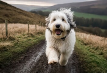 Bobtail Old English Sheepdog running in the countryside, lovely big doggy playing outdoors