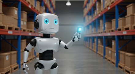 Fototapeta premium 3D Robot Overseeing Warehouse Efficiency - Automated warehouse, robotic efficiency, inventory management, future technology, logistics optimization
