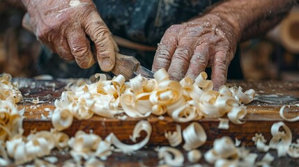 Skilled Carpenter s Hands Shaping Wood, Creating Wood Shavings, Craftsmanship Concept.