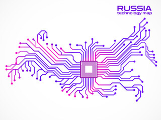 Abstract Russia map with cpu. Circuit board. Technology background